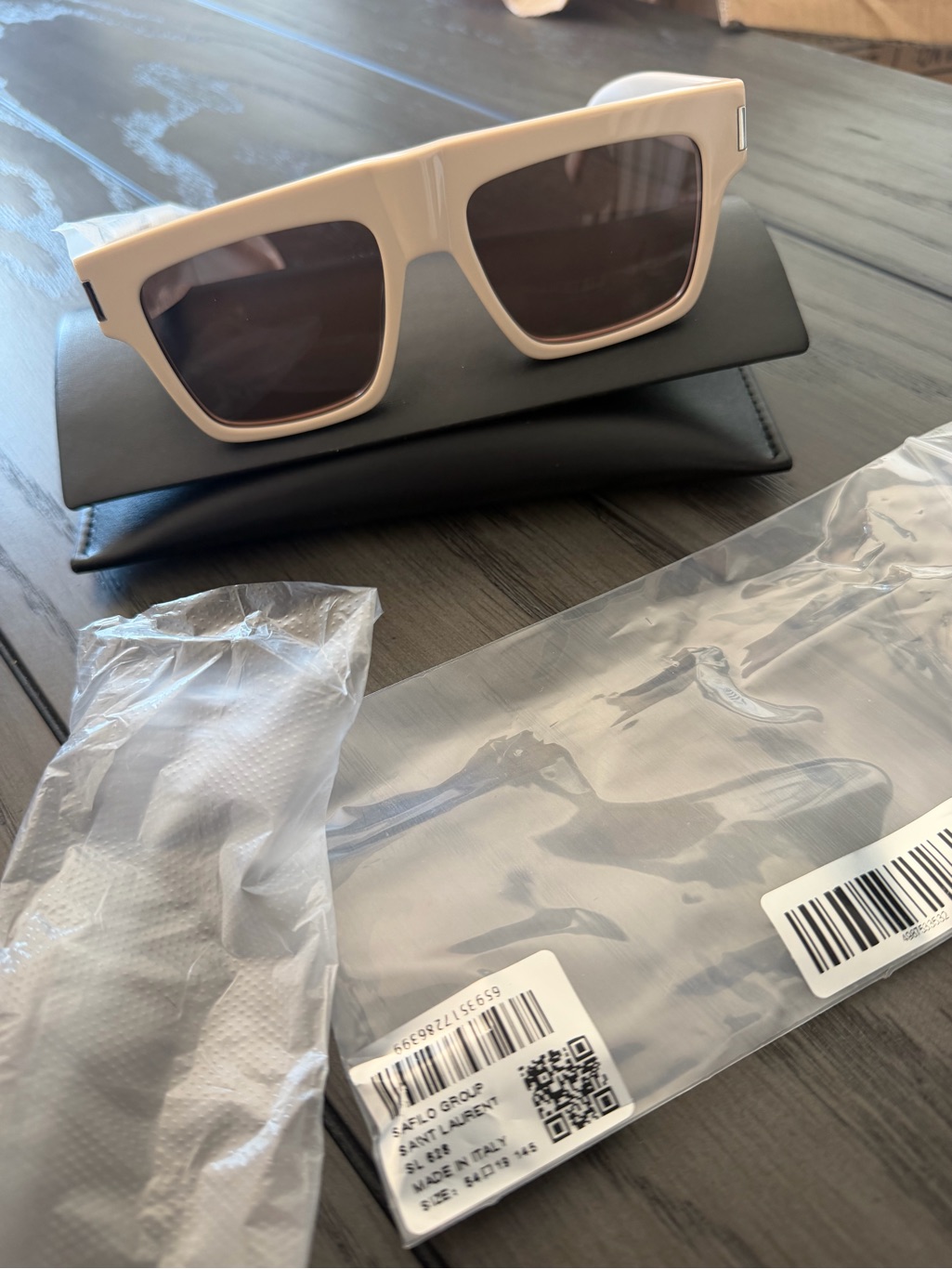 Saint Laurent Cream Rectangular Sunglasses With Dark Lenses. Brand New